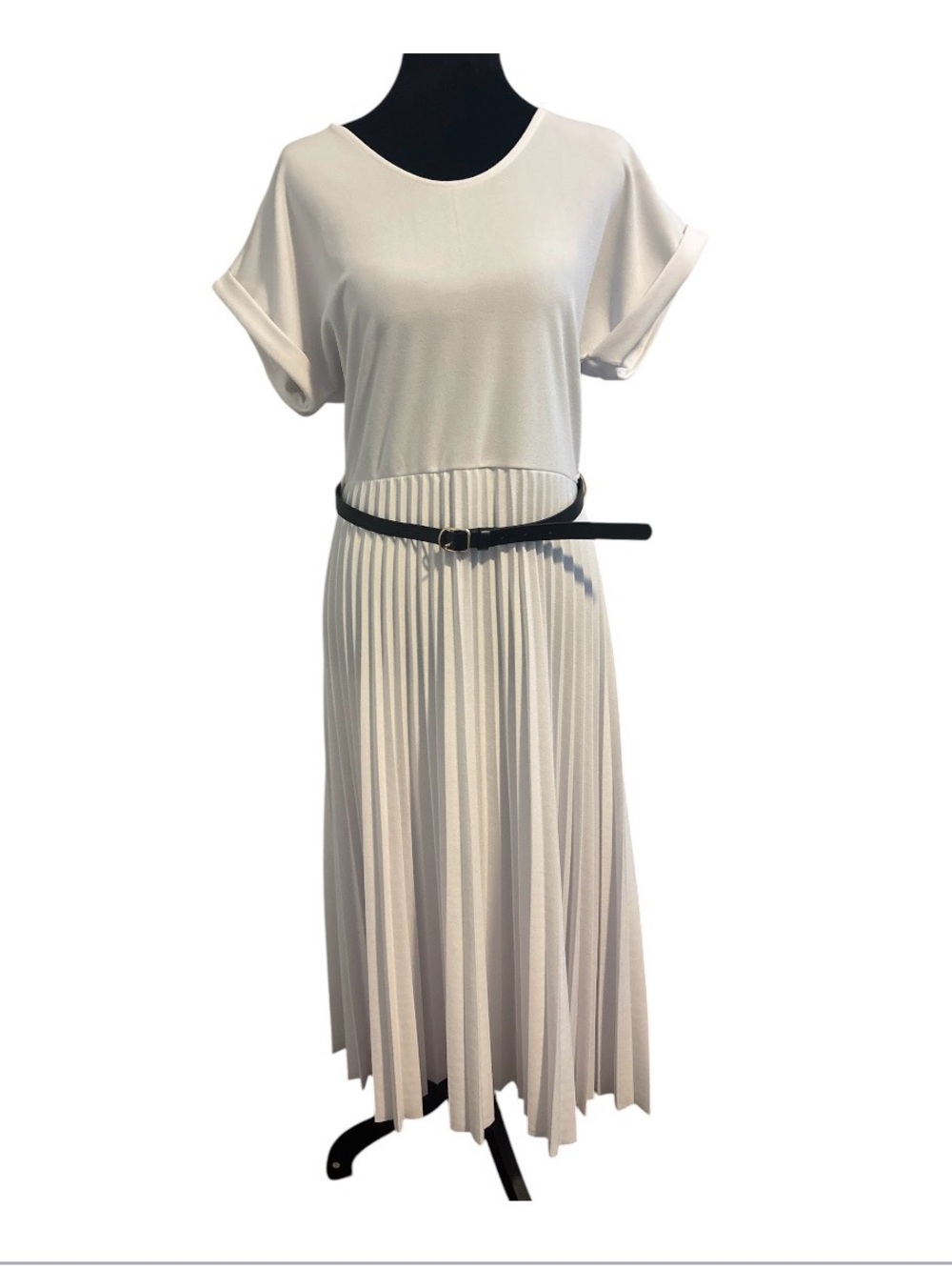 Elizabeth & Nicole White Pleated Midi Dress Minimalist Belted Elegant Dress L
